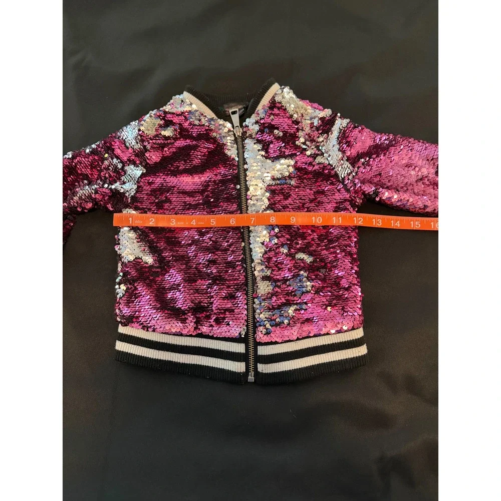 Kids Pink Silver Flip Sequin Bomber Jacket Full Zip Striped Trim Sparkly Coat